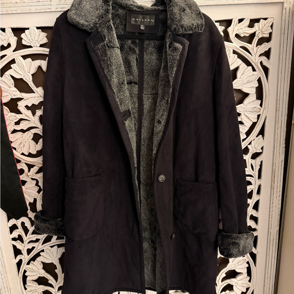 Gallery black and Gray Faux suede and Fur Coat